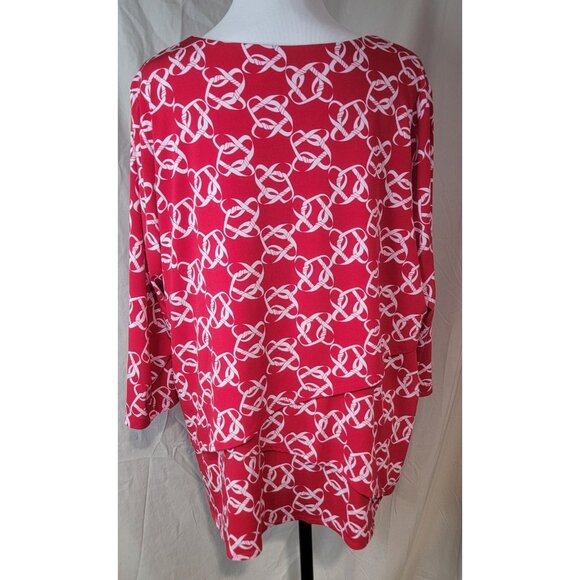 Susan Graver Womens 1X Red White Blouse Top Chainlink Layered 3/4 Sleeve Stretch - Picture 7 of 15